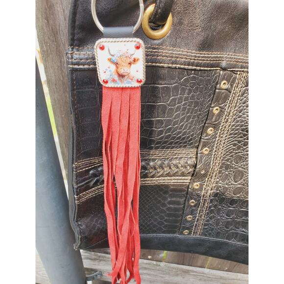 Handmade cow lover boho Leather Fringe Western bag charm, Long fringe keychain - Picture 3 of 4